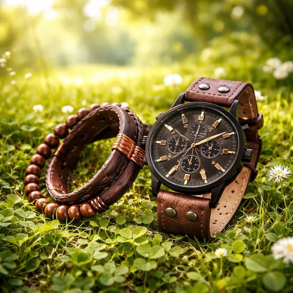 Brown Leather Strap Watch with Bracelet Set